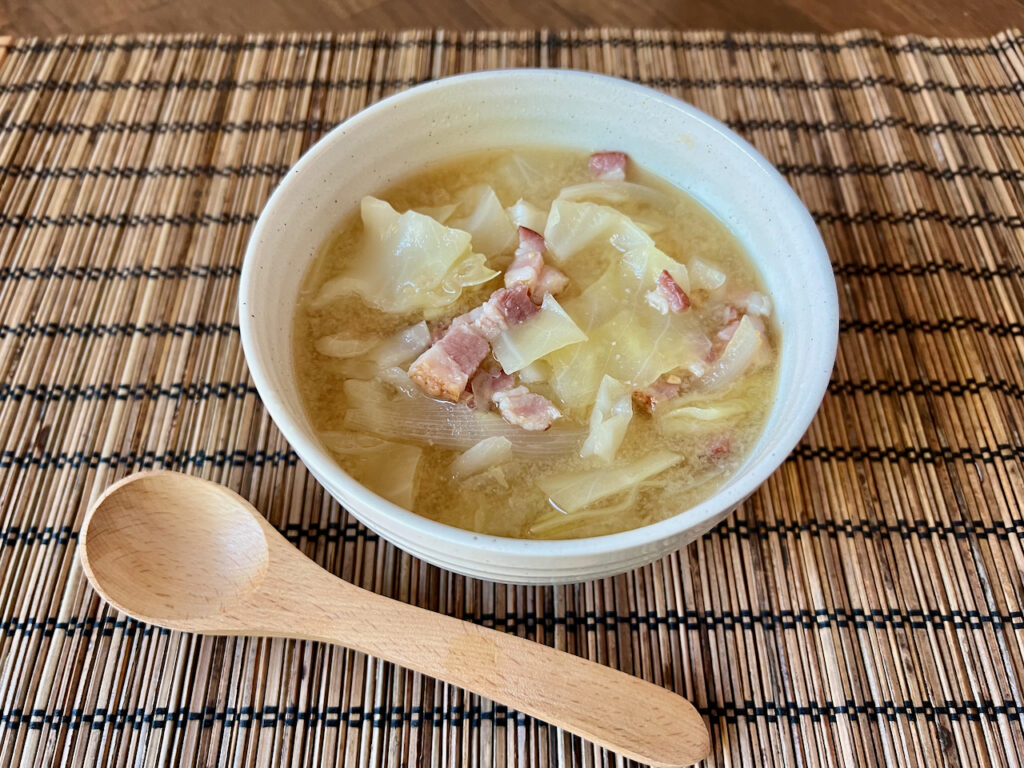 Miso Soup with Bacon, Cabbage, Onion