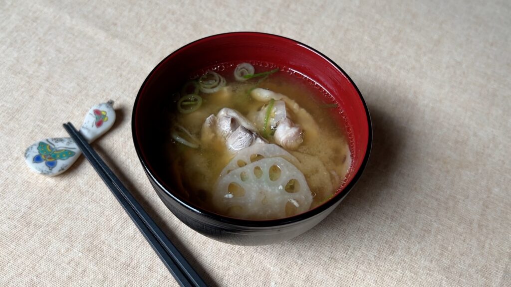 miso soup with chicken and lotus root