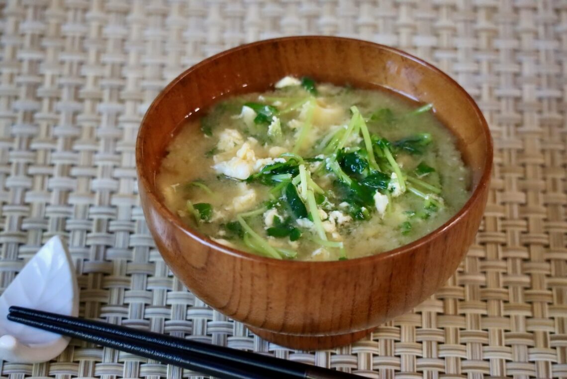 Miso Soup with Pea Sprouts and Eggs